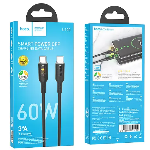 Кабель Hoco U120 Transparent explore 60W intelligent power-off charging data cable C to C Чорний - фото 2