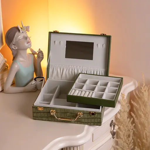 Скринька для прикрас з екошкіри 19 відділень із дзеркалом 23.5×14×8 см органайзер для прикрас Зелений Yiwu HP-5-20GR - фото 2