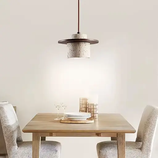 Світильник із підвісним травертиновим корпусом та дерев'яною фурнітурою Ø21х15 см | Line F | Арт. SC12/1 - фото 1