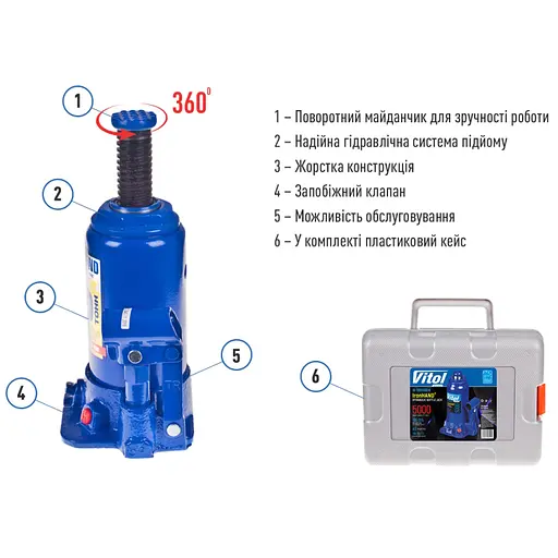 Домкрат гідравлічний телескопічний Iron Hand 5 т 185-358 мм 4.1 кг кейс (IH-185355D-K) - фото 5