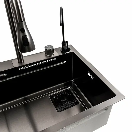 Кухонна мийка чорна PVD 75x46F Platinum Handmade Водоспад Fly rain, Чорний - фото 7