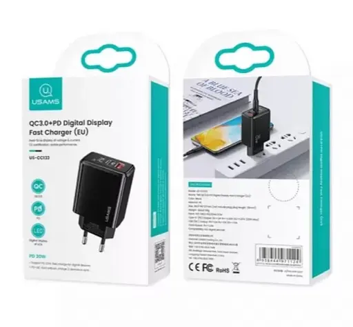 Мережевий зарядний пристрій Usams CC133 T40 QC3.0 + PD Digital Display Fast USB + Type-C Charger 20W ( EU ) Чорний - фото 3