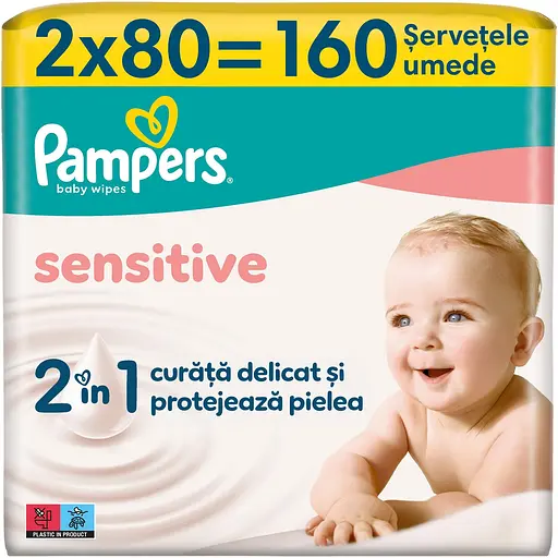 Дитячі вологі серветки Pampers Sensitive 160 шт. (2 упаковки x 80 шт.) - фото 1