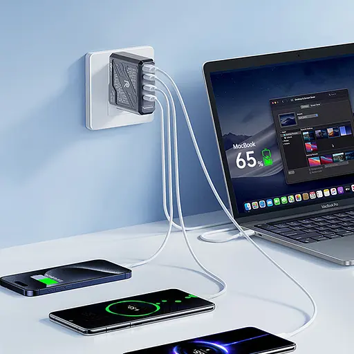 Зарядный адаптер Remax Mecha Warrior 1A+3C RP-U107 быстрая зарядка GaN 120W 3xType-C + 1xUSB-A Черный - фото 8