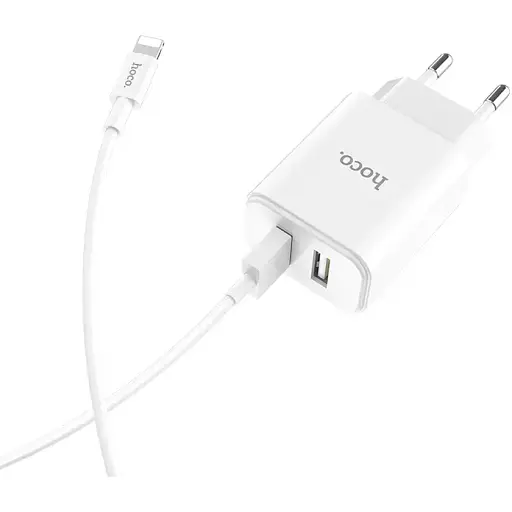 Блок живлення - адаптер мережевий Hoco Victoria C62A 2USB 2.1 А + кабель Lightning білий - фото 1