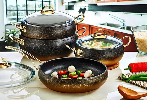 Набір каструль O.M.S. Collection 3024 9 предметів з мраморним покриттям Чорний (Туреччина) - фото 3