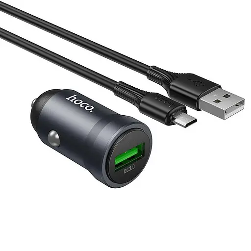 Адаптер автомобильный HOCO Micro USB cable Energy single-port QC3.0 car charger Z62 1USB 18W темно серый - фото 1