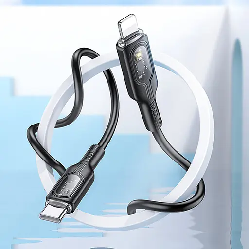 Дата кабель Hoco U120 Transparent explore intelligent power-off PD 27W Type-C to Lightning (1.2m) Black - фото 5