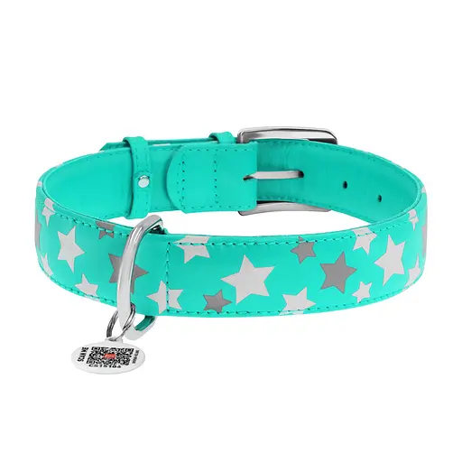 Ошейник для собак кожаный Waudog Glamour с QR-паспортом узор "Звездочка" светонакопительный/светоотражающий XL Ш 35 - фото 3
