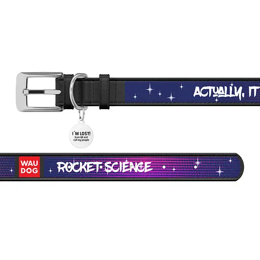 Нашийник для собак шкіряний Waudog Design з QR-паспортом "Космос. Ракетобудування" XS Ш 12 мм Д 18-24 см чорний - фото 3