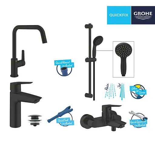 Набір змішувачів 4 в 1 для ванної кімнати та кухні Grohe QuickFix Start Black M-Size UA303301MK, Чорний матовий - фото 12