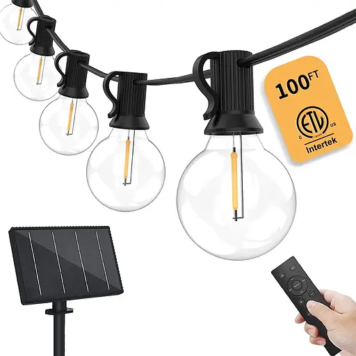 Bomcosy Сонячні зовнішні струнні світильники з дистанційним керуванням, 100-футові водонепроникні світильники для патіо G40 комерц