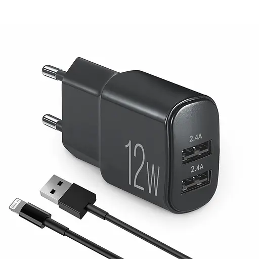 Сетевое зарядное устройство Brevia ePower 12W 2xUSB-A + кабель USB-A to Lightning 1м черный(45012DULB)