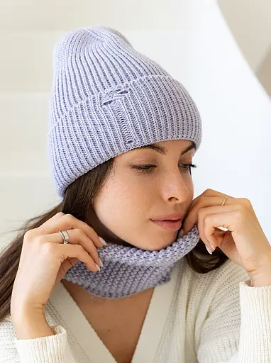 Женская вязаная шапка и снуд набор 1 шерсть 20% с отворотом Голубой - фото 2
