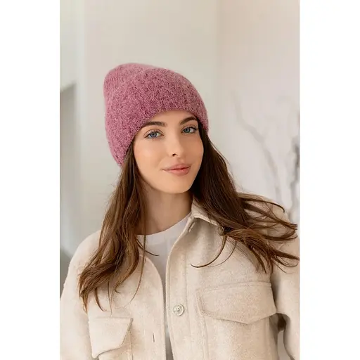 Женская зимняя шапка Лили Травка из ангоры 80% с узором и флисовой подкладкой Розовый - фото 1