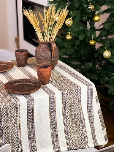 Лляна скатертина різдвяна з українським орнаментом Рандеву коричневий 290х150 см - фото 10