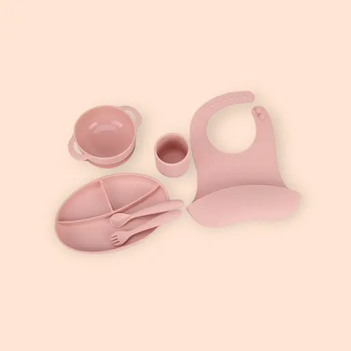Набір силіконового посуду для першого прикорму дітей, 6 предметів, Pink - фото 1