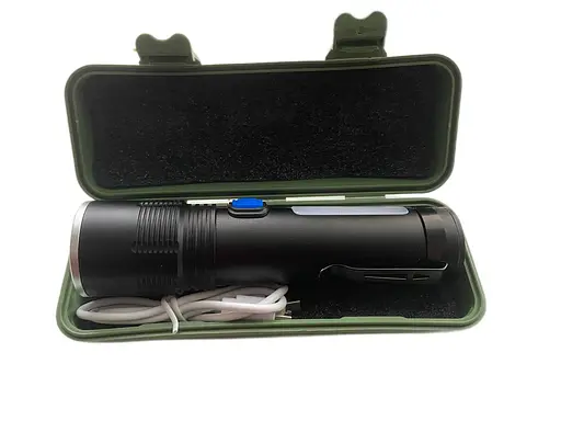 Фонарик алюминиевый Police K-30 металлический боковое освещение кабель зарядки USB Черный - фото 2