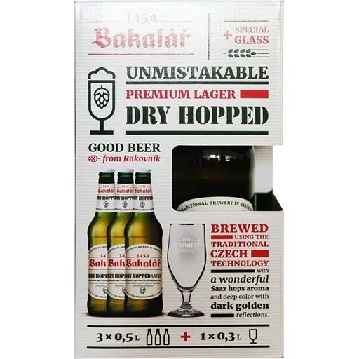 Подарочный набор пива Bakalar Dry Hopped Lager светлое фильтрованное 5.2% 0.5 л х 3 шт. + 1 бокал 0.33 л.