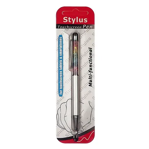 Стилус ємнісний, з кульковою ручкою, металевий, білий з кристалами кольорів веселки - фото 3