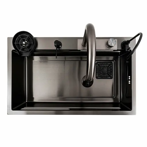 Кухонна мийка чорна PVD 75x46F Platinum Handmade Водоспад Fly rain, Чорний - фото 6