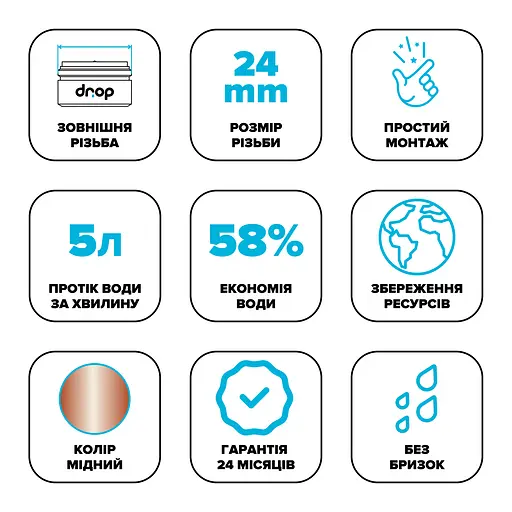 Водозберігаючий аератор Drop CL24-CPR для змішувача - Економія 58%, зовнішня М 24 мм, мідний - фото 6