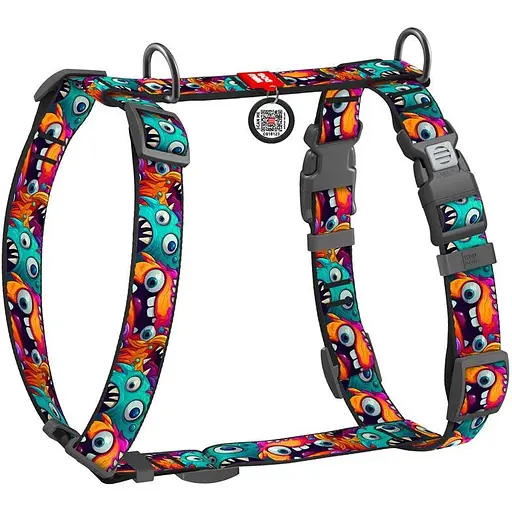 Шлейка для собак Waudog Nylon анатомическая H-образная с QR-паспортом, рисунок "Зубастые монстры", пластиковый фастекс, M