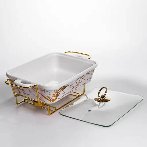 Мармітниця порцелянова Yiwu прямокутна на металевій підставці 35.5х19х15.5 см марміт настільний для перших страв LT-3PCS-13 - фото 4