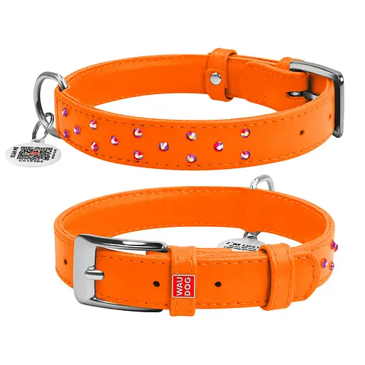 Ошейник для собак кожаный Waudog Glamour с QR-паспортом с клеевыми стразами Ш 25 мм Д 38-49 см оранжевый