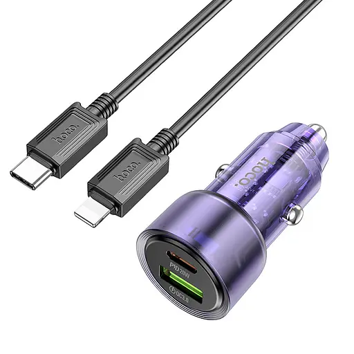 Адаптер автомобильный Hoco Type-C to Lightnig Cable Spacious Car charger set Z52 1USB/1Type-C, 38W/3A, PD/QC - фото 1