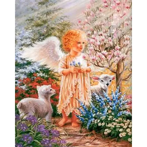 Алмазна мозаїка ікона 40 * 50 см зі стразами на підрамнику Ангелочок і ягнятко - фото 1