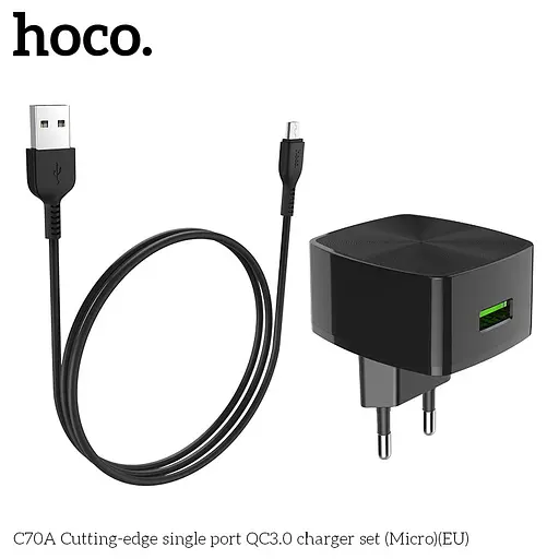 Адаптер сетевой HOCO C70A Micro USB cable Cutting-edge 1USB QC3.0, 3A черный - фото 2