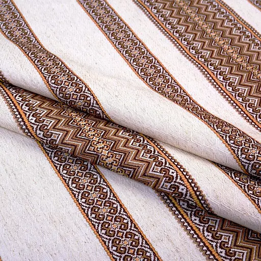 Лляна тканина з українським орнаментом "Рандеву коричневий" (від 1 м) - фото 1