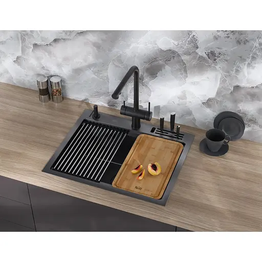 Мойка для кухни Nett NB-5747 черная из нержавейки с PVD покрытием многофункциональная. - фото 9