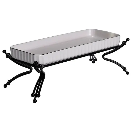 Фарфоровое сервировочное блюдо на металлической подставке 37×18×5 (см) блюдо для подачи закусок Белый с черным Yiwu LB-1566B