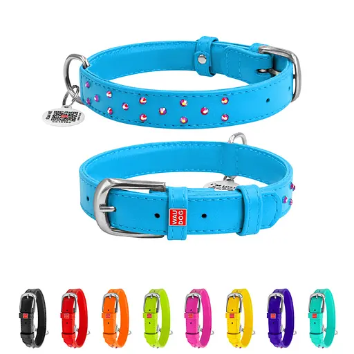 Нашийник для собак шкіряний Waudog Glamour з QR-паспортом з клейовими стразами Ш 25 мм Д 38-49 см блакитний - фото 2
