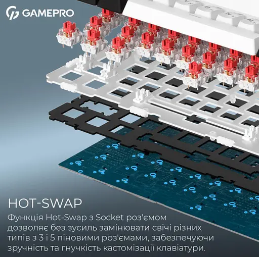 Клавіатура бездротова ігрова механічна GamePro MK-160-W Pro White-Black QLAB Orange Switches Hot-Swap - фото 9