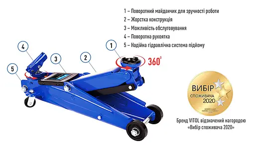 Домкрат гідравлічний підкатний Vitol 3т 130-410 мм 19 кг в коробці (DP-30019) - фото 5