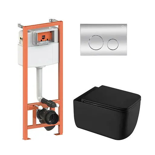 Подвесной унитаз Qtap Gemini Ultra Quiet + инсталляция Qtap Nest 4 в 1 (круглая клавиша Chrome), Черный - фото 1