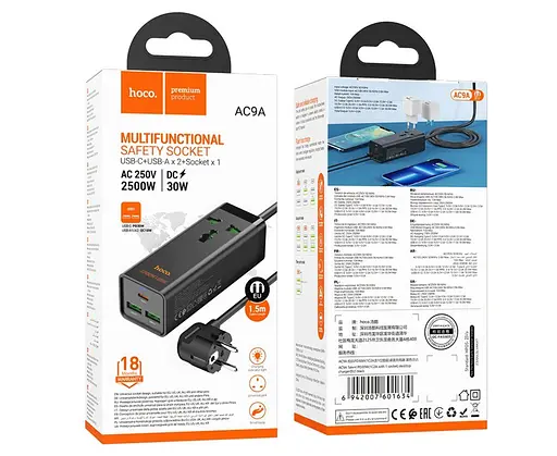 Зарядний пристрій подовжувач Hoco AC9A 3 порти 30 W 1 розетка 1.5 метра - фото 3