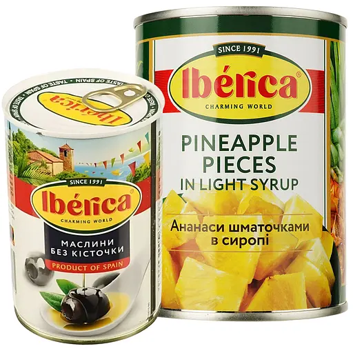 Набор: ананас Iberica ручная нарезка 565 г + маслины Iberica большие без косточки 420 г
