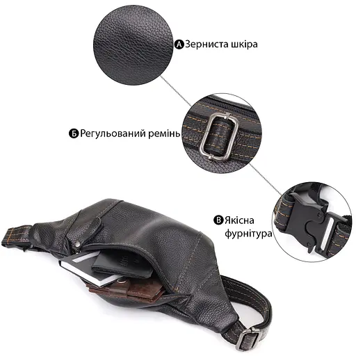 Приваблива сумка-бананка для чоловіків із натуральної зернистої шкіри SHVIGEL 34х12х4 см sum0027424 - фото 14