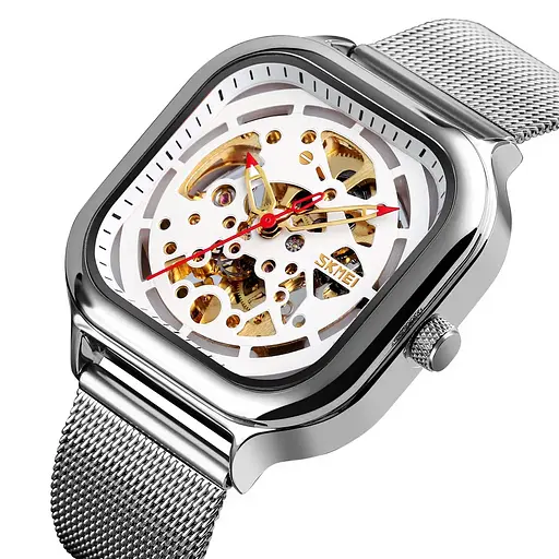 Мужские механические часы Skmei 9184 скелетон (Серебристый с белым циферблатом) - фото 2