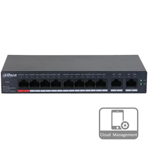 8-портовый управляемый PoE коммутатор DH-CS4010-8ET-110 с 8 портами POE 100Мбит + 2 порта UP-Link 1000Мбит, 190x106x30 мм
