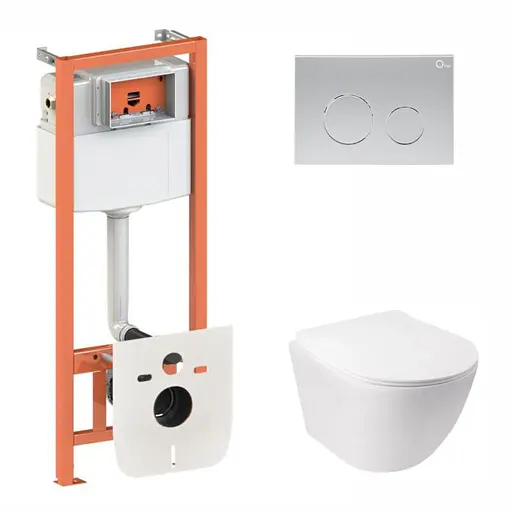 Набор: Qtap Jay Ultra Quiet унитаз подвесной QT07335177W + Nest комплект инсталляции 4в1 (круглая клавиша Satin) QT0133M425 + M11111SAT - фото 1