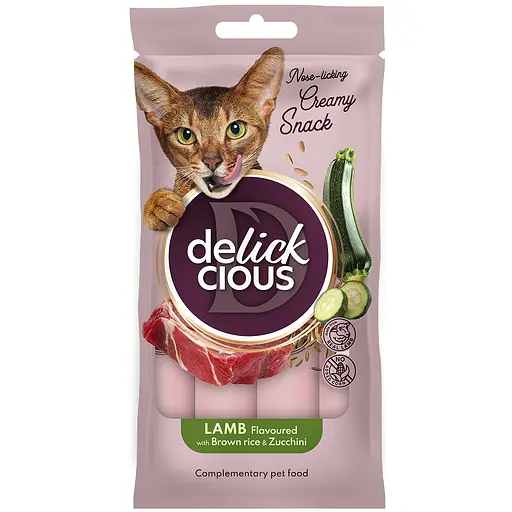 Ласощі кремові для котів Delickcious ягня з додаванням коричневого рису та цукіні 60 г (4х15 г)
