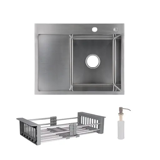 Кухонна мийка Lidz Handmade H6350L інтегрована крило зліва Brushed у комплекті з дозатором та корзиною, Нержавіюча сталь - фото 1