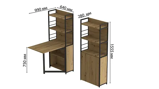 Стол книга с этажеркой Практик 2 Ferrum-decor 1555x640x990 Черный металл ДСП Дуб Артизан 16 мм (FRD-104630) - фото 2