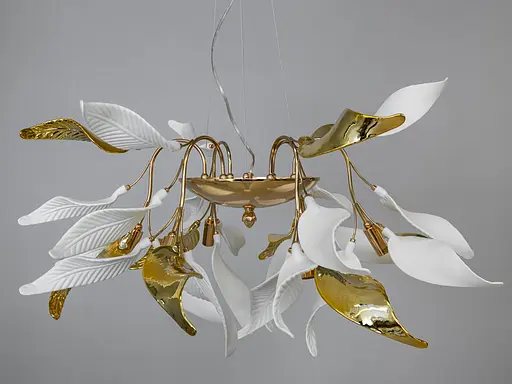 Современная подвесная люстра с фарфоровыми элементами, 6 ламп, золото. - фото 1