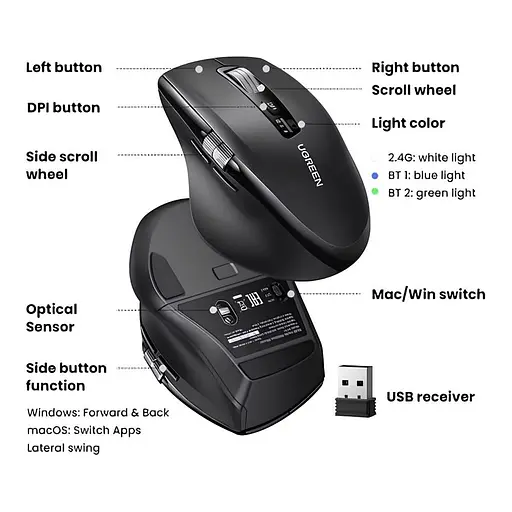 Мишка UGREEN 2.4GHz&BT M751 Ergonomic Contoured-Shape, бездротова, 5000dpi., 5кн., Чорна - фото 4